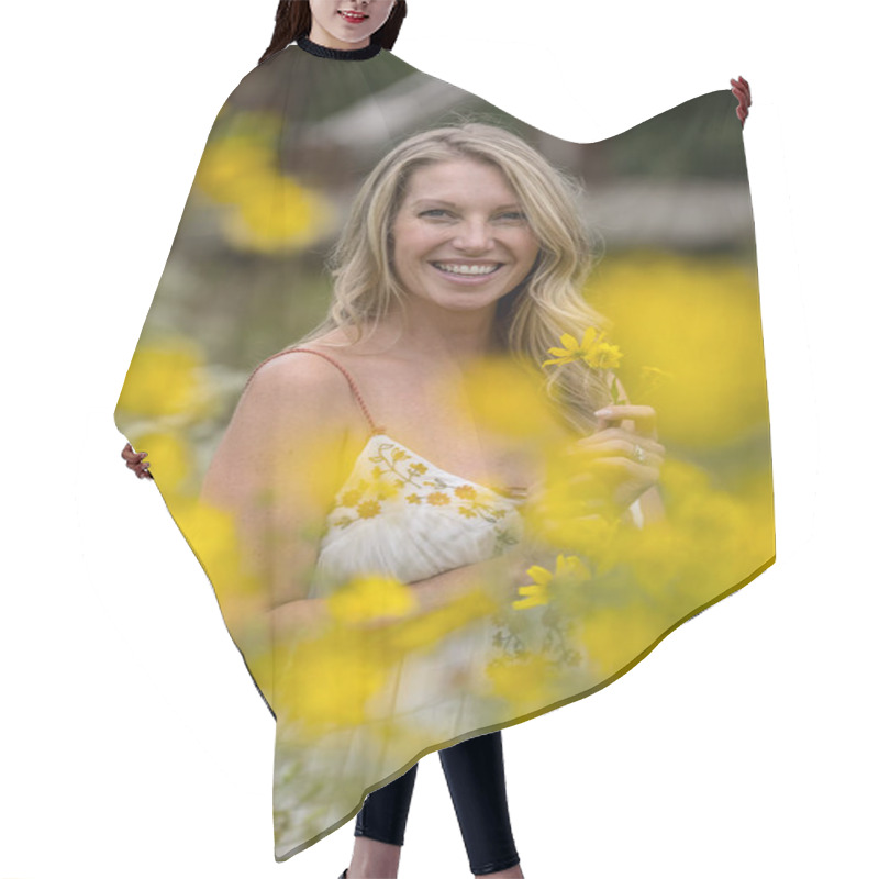 Personality  A Beautiful Blonde Model Strolls Through A Field Of Vibrant Yellow Flowers, Striking Poses For Portraits. The Late Summer Sun Casts A Warm Glow Over The Scene, Highlighting Her Grace And Natural Beauty. Hair Cutting Cape