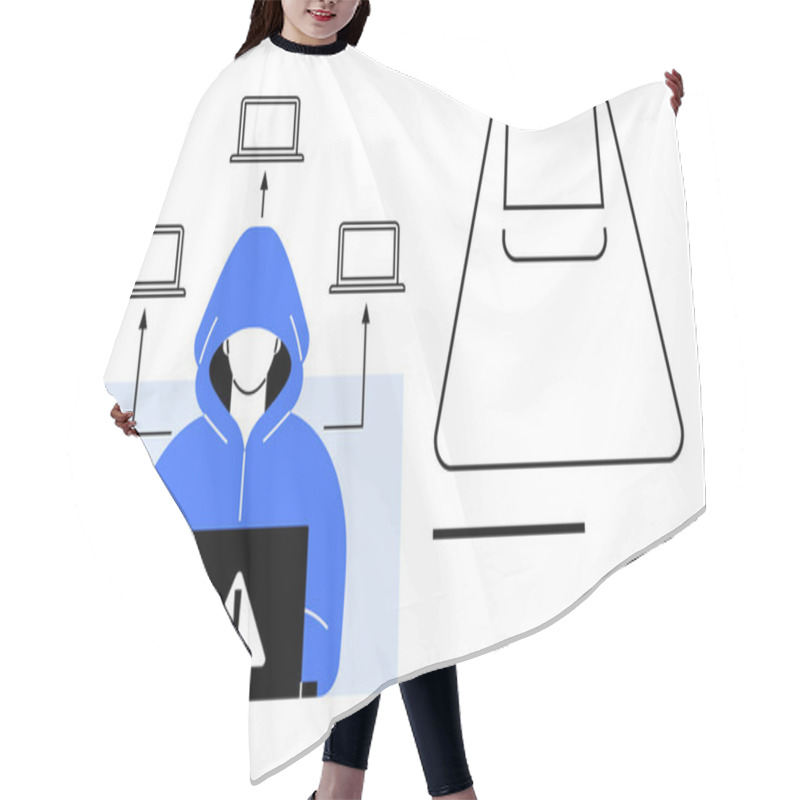 Personality  Hooded Figure Using Laptop With Warning Sign, Arrows Pointing To Four Computers. Plastic Bag Outline On Right. Ideal For Cybersecurity, Data Breaches, Threats, Hacking, Warnings, Online Safety Hair Cutting Cape