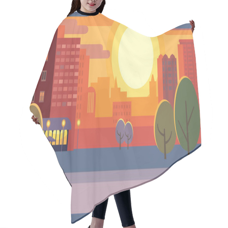 Personality  City Street During Sunset Flat Vector Illustration Hair Cutting Cape