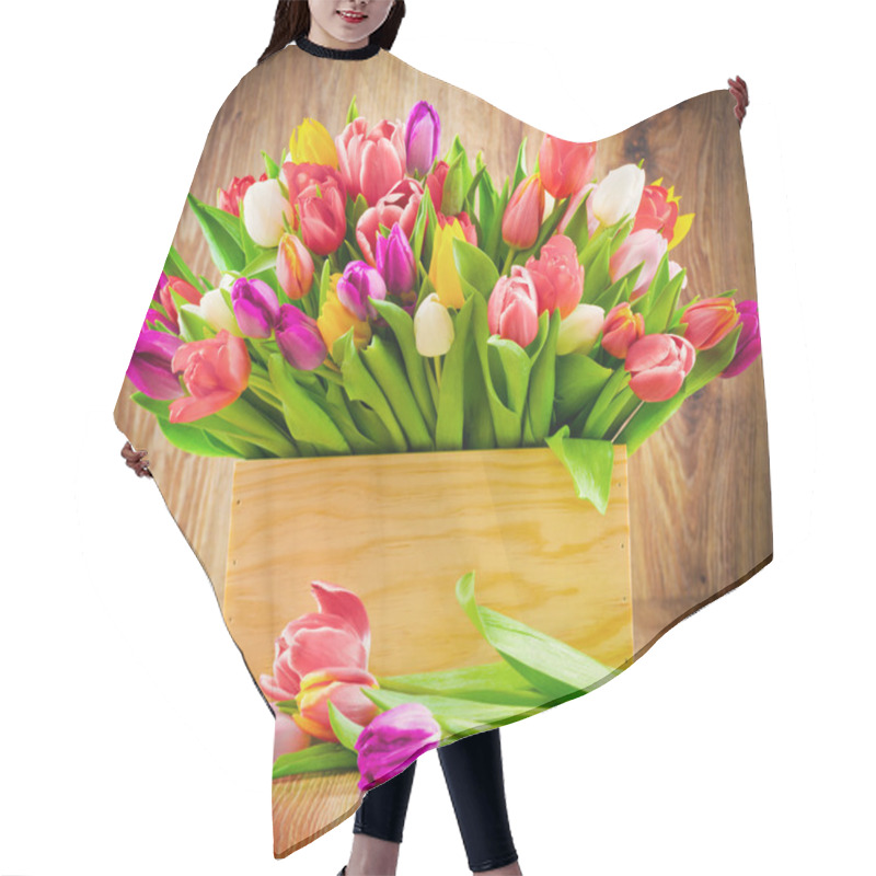 Personality  Tulips In The Box On Wooden Background Hair Cutting Cape