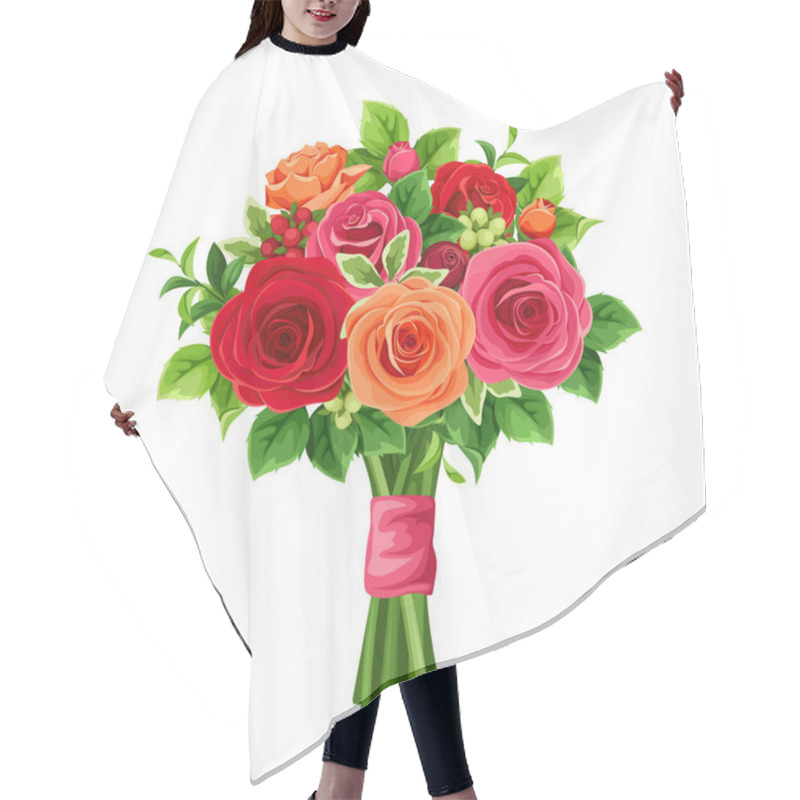 Personality  Vector Bouquet Of Red And Orange Roses And Green Leaves. Hair Cutting Cape