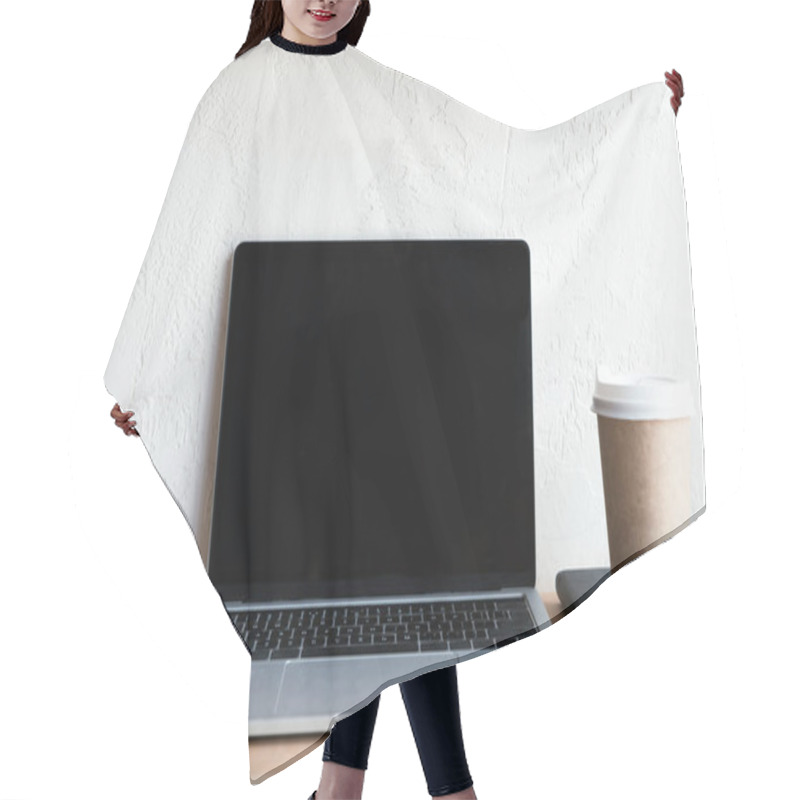 Personality  Laptop With Blank Screen, Smartwatch, Notebook And Coffee To Go On Table  Hair Cutting Cape