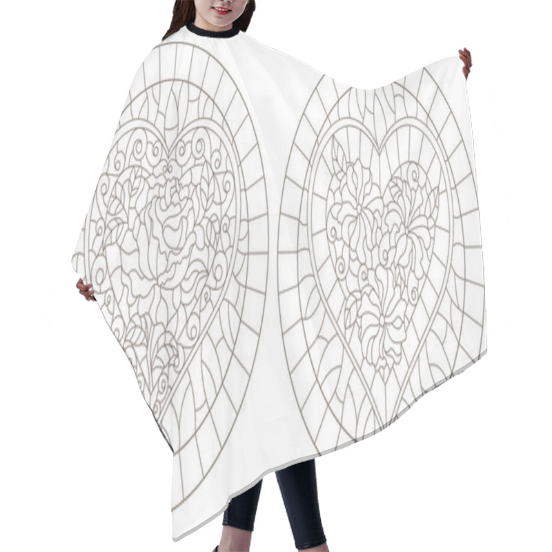 Personality  Set Of Contour Illustrations Of Stained Glass Windows With Abstract Hearts And Flowers , Dark Contours On White Background, Round Images Hair Cutting Cape