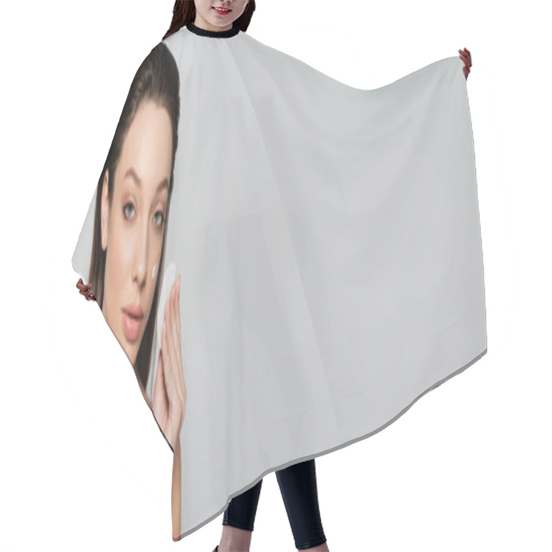 Personality  Young Woman With Bare Shoulders And Cream On Face Holding Container And Cotton Pad Isolated On Grey, Banner Hair Cutting Cape