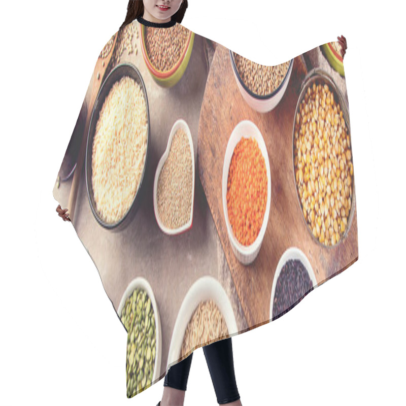 Personality  Raw Healthy Grain Food. Top View. Healthy Eating Concept Hair Cutting Cape