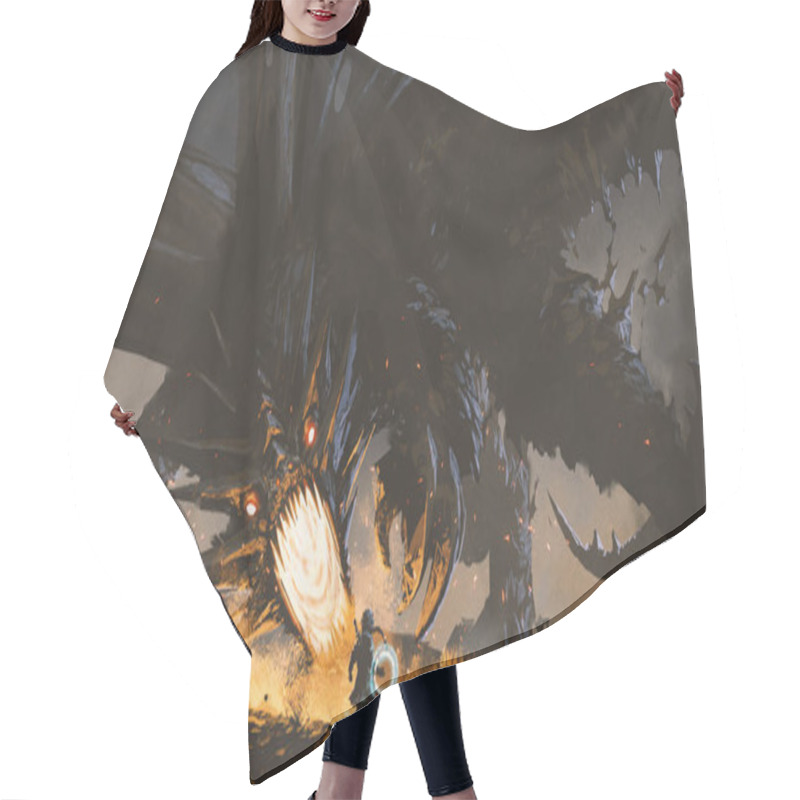 Personality  Fantasy Scene Showing The Girl Fighting The Fire Dragon, Digital Art Style, Illustration Painting Hair Cutting Cape