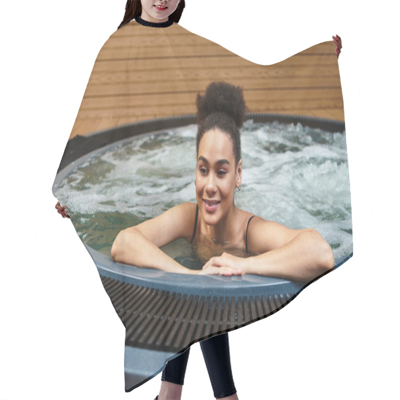 Personality  A Young Chic Woman Relaxes In A Hot Tub, Enjoying Peace And Well Being. Hair Cutting Cape