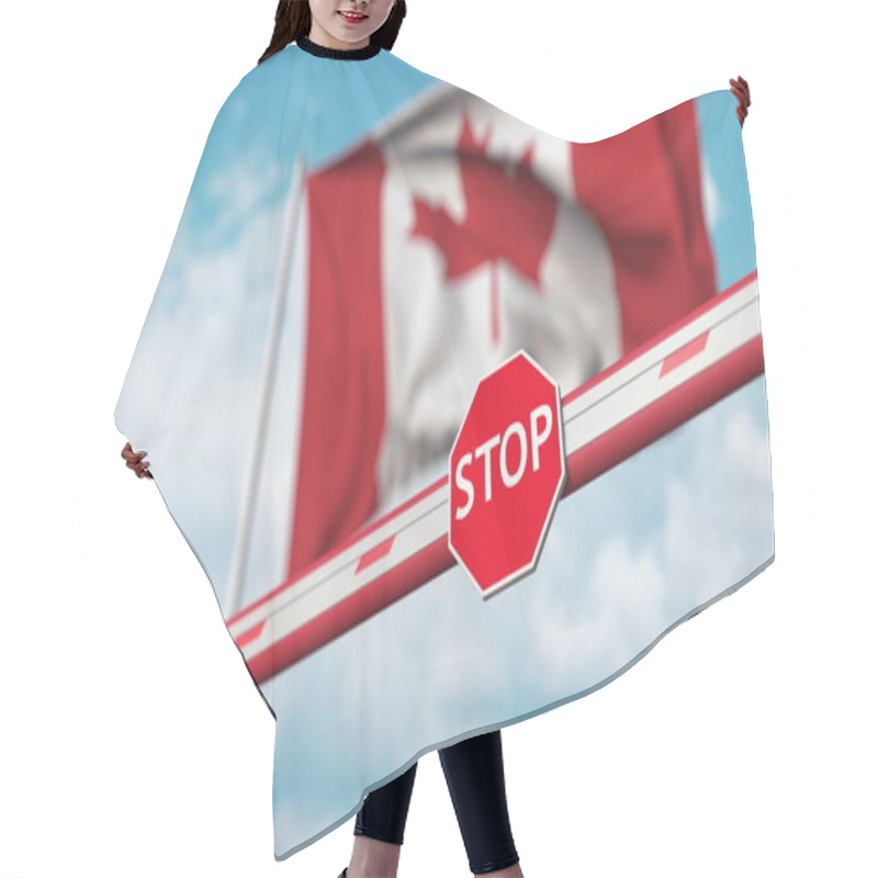 Personality  Closed Boom Barrier With Stop Sign Against The Canadian Flag. Restricted Entry Or Certain Ban In Canada. 3D Rendering Hair Cutting Cape