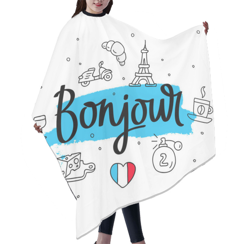 Personality  Bonjour. Word Hello In French. Fashionable Calligraphy. Hair Cutting Cape