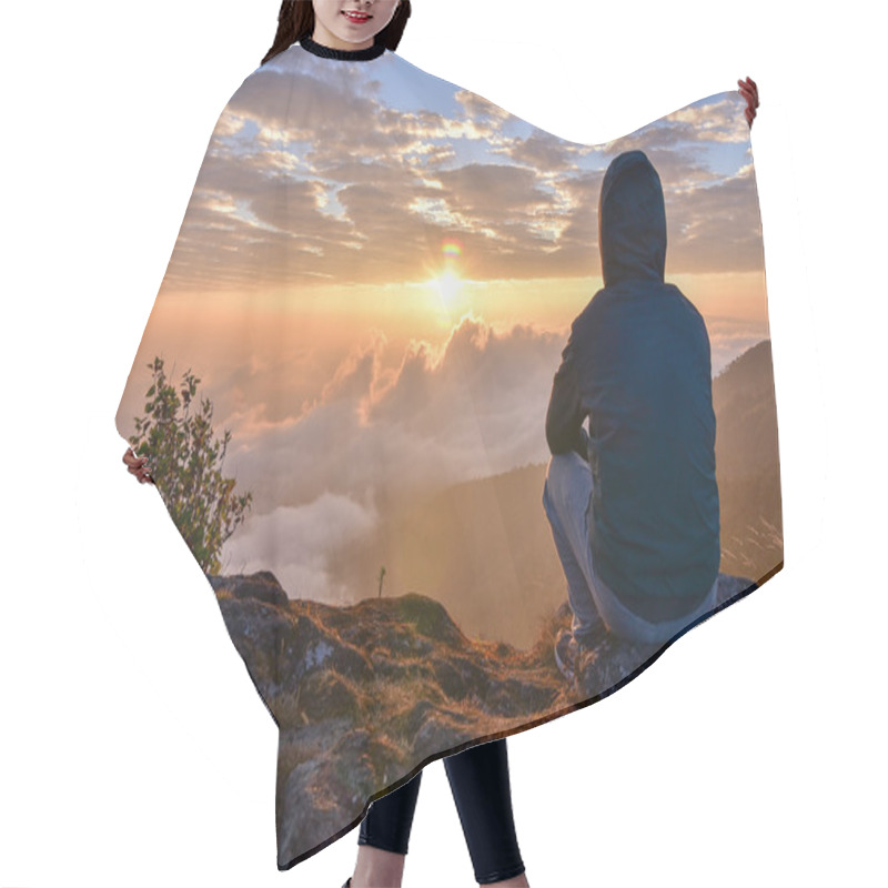 Personality  Man Sitting On A Mountain For Watching Sunrise Views. Hair Cutting Cape