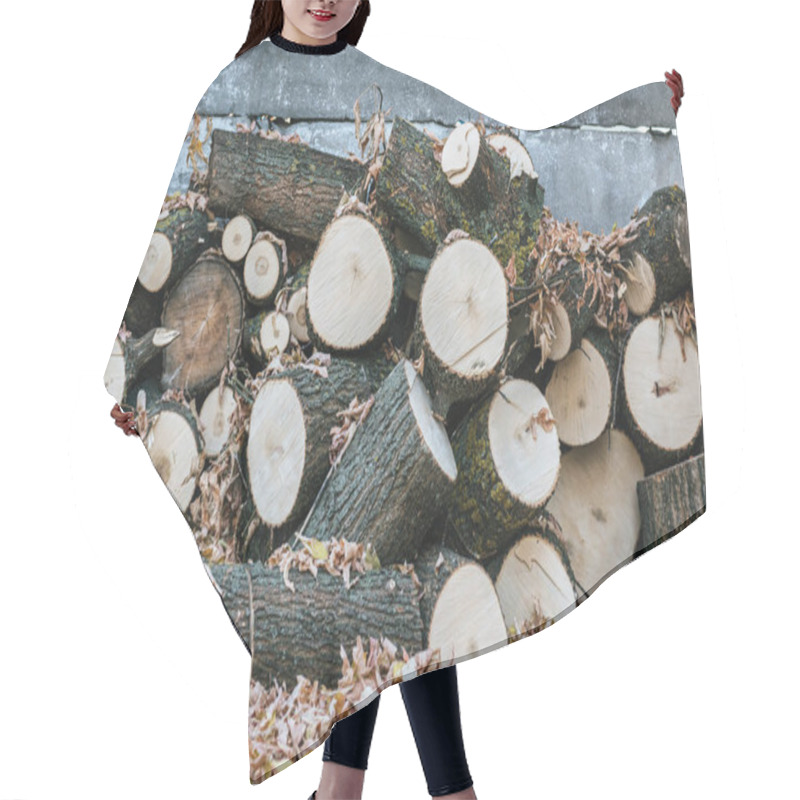 Personality  Pile Of Chopped Firewood With Autumnal Leaves Near Fence Hair Cutting Cape