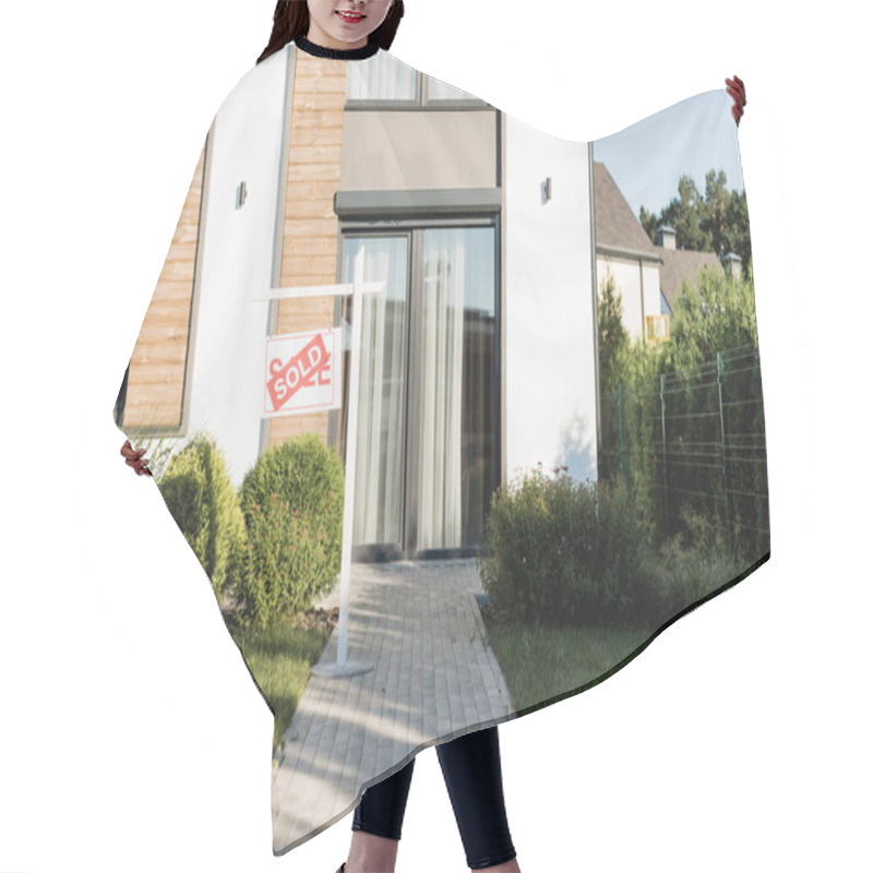 Personality  Front Facade Of Modern House Near Lawn And Sign With Sold Lettering Hair Cutting Cape