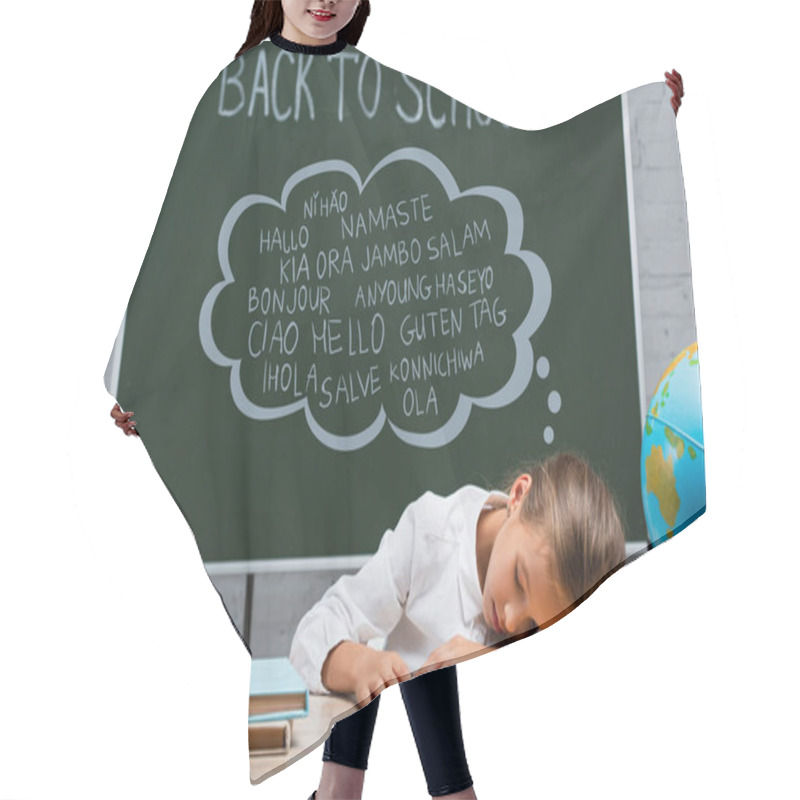 Personality  Exhausted Schoolgirl Sleeping At Desk Near Globe And Chalkboard With Back To School And Greeting Lettering Hair Cutting Cape