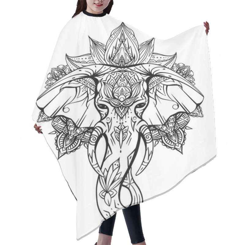 Personality  Contoured Native Elephant Head With Trunk, Tusks And Boho Ornaments. Ganesha Head With Mandala. Vector Silhouette For Coloring Pages, Cards, Banners And Your Creativity. Hair Cutting Cape