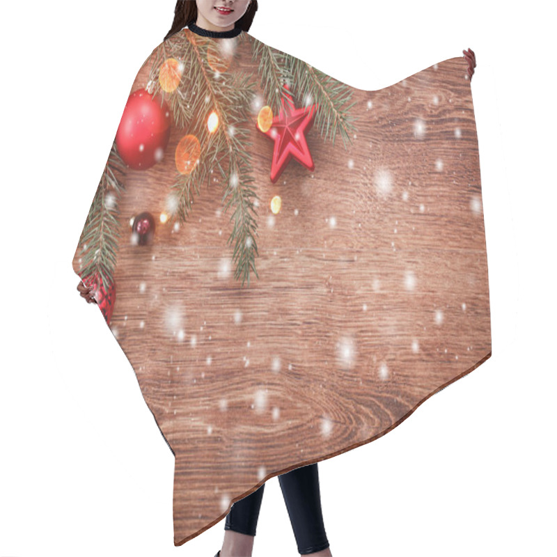 Personality  Christmas Decorations With Fir Tree Branch On Wooden Background With Snow, Blurred, Sparking With Space For Text. Xmas And Happy New Year Card Hair Cutting Cape