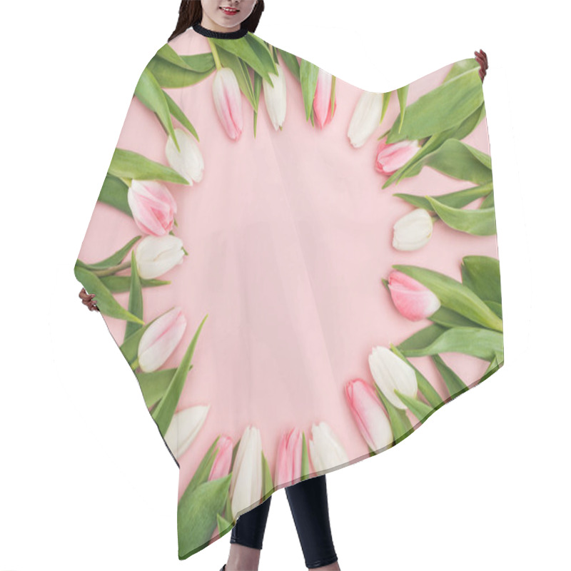 Personality  Top View Of Spring Tulips In Circle Frame Isolated On Pink Hair Cutting Cape