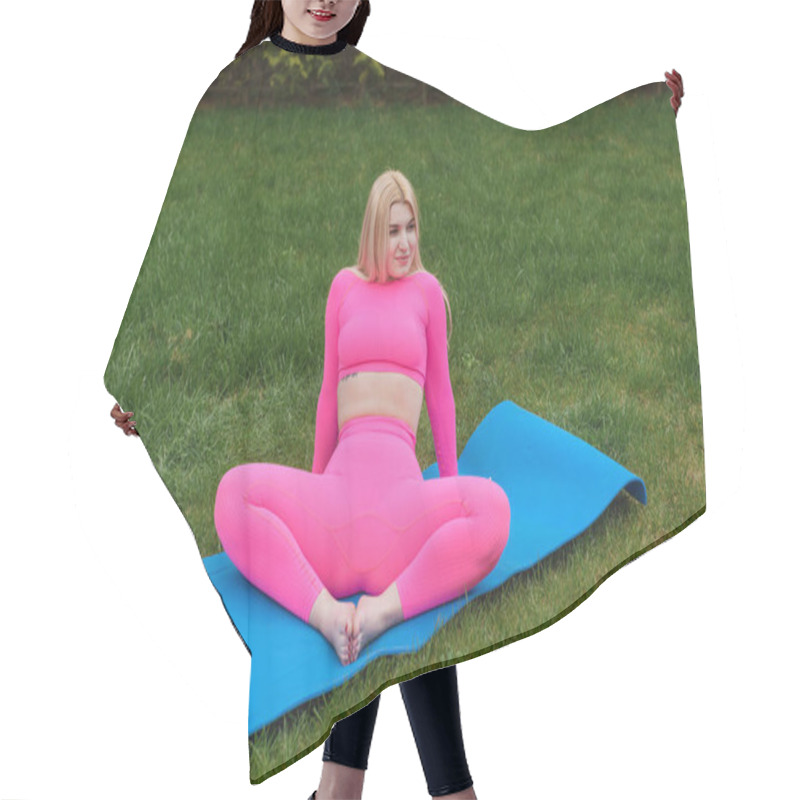 Personality  Young Beautiful Girl In A Pink Suit Sitting In The Lotus Position Hair Cutting Cape