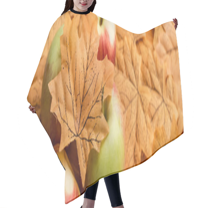 Personality  Selective Focus Of Ripe Tasty Apples And Autumnal Leaf, Panoramic Shot Hair Cutting Cape