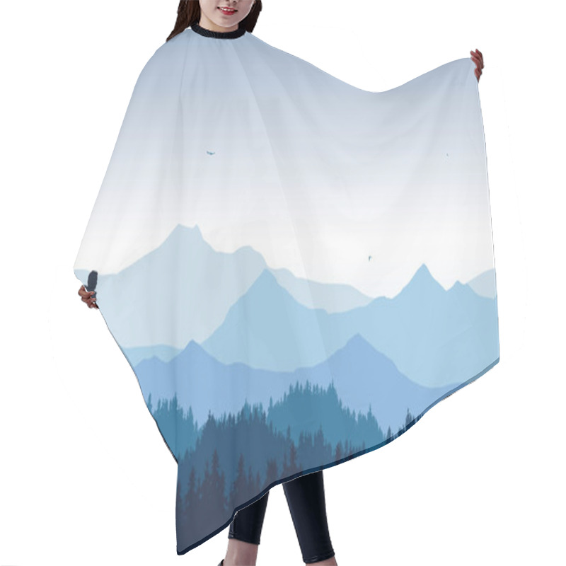 Personality  Realistic Illustration Of Mountain Landscape With Coniferous Forest Under Blue Sky With Flying Birds. Lonely Hiker Standing On Top And Looking Into Valley. - Vector Hair Cutting Cape