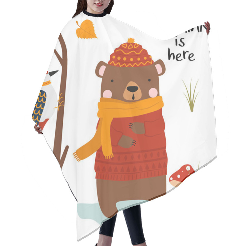 Personality  Poster Autumn Is Here With Bear On A White Background - Vector Illustration, Eps Hair Cutting Cape