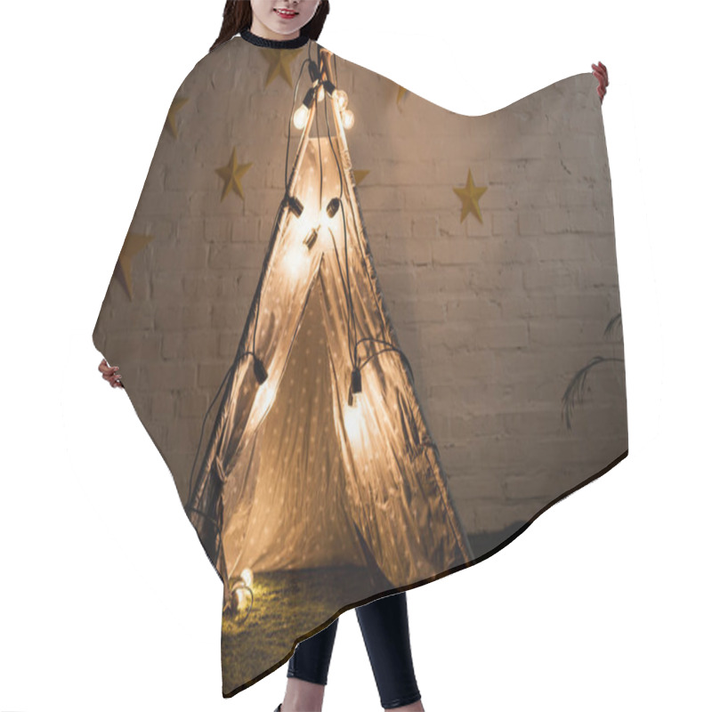 Personality  Cozy Wigwam With Luminous Bulbs Standing In Dak Room Hair Cutting Cape