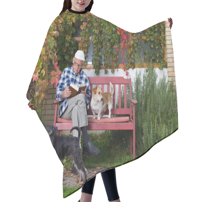 Personality  Senior Man With Book And Dogs Hair Cutting Cape