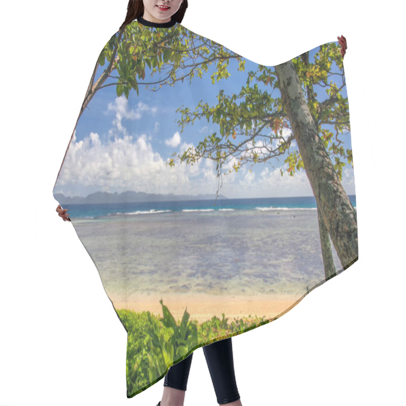 Personality  Fiji, Taveuni, Beach, White Sand And Clear Ocean Framed By Green Leaves. Hair Cutting Cape