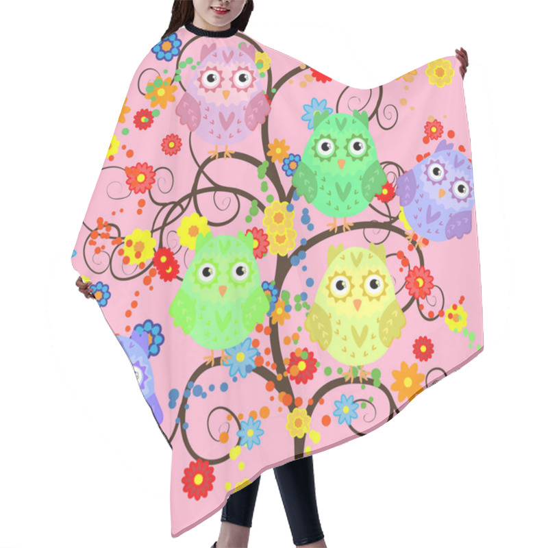 Personality  Bright Cute Cartoon Owls Sit On The Flowering Branches Of Fantastic Trees Hair Cutting Cape