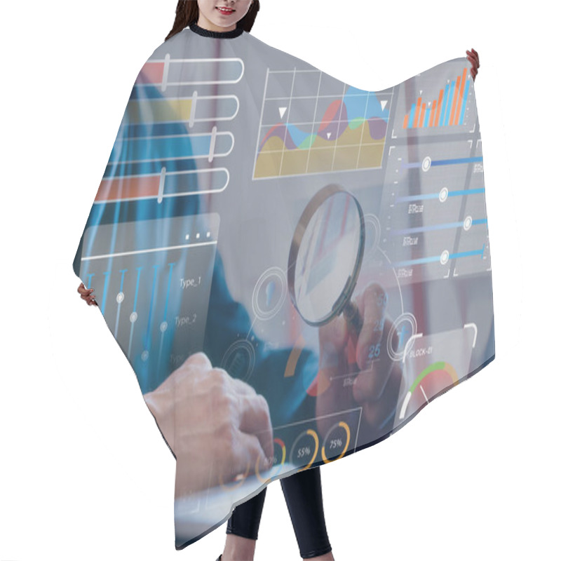 Personality  Data Analysis Data Management System With KPI And Metrics Connected To The Database Investment Finance, Operations, Sales, Marketing, Businessman Use Magnifying Glass Working With Dashboard Chart Hair Cutting Cape