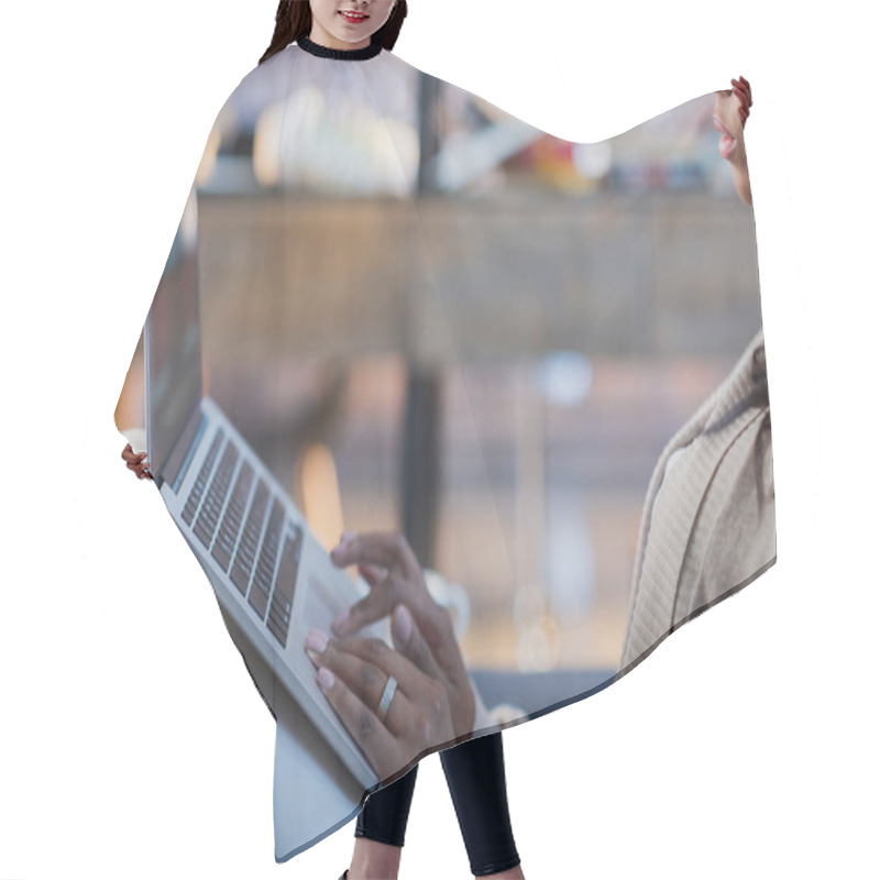 Personality  Woman Using Laptop At Home Hair Cutting Cape