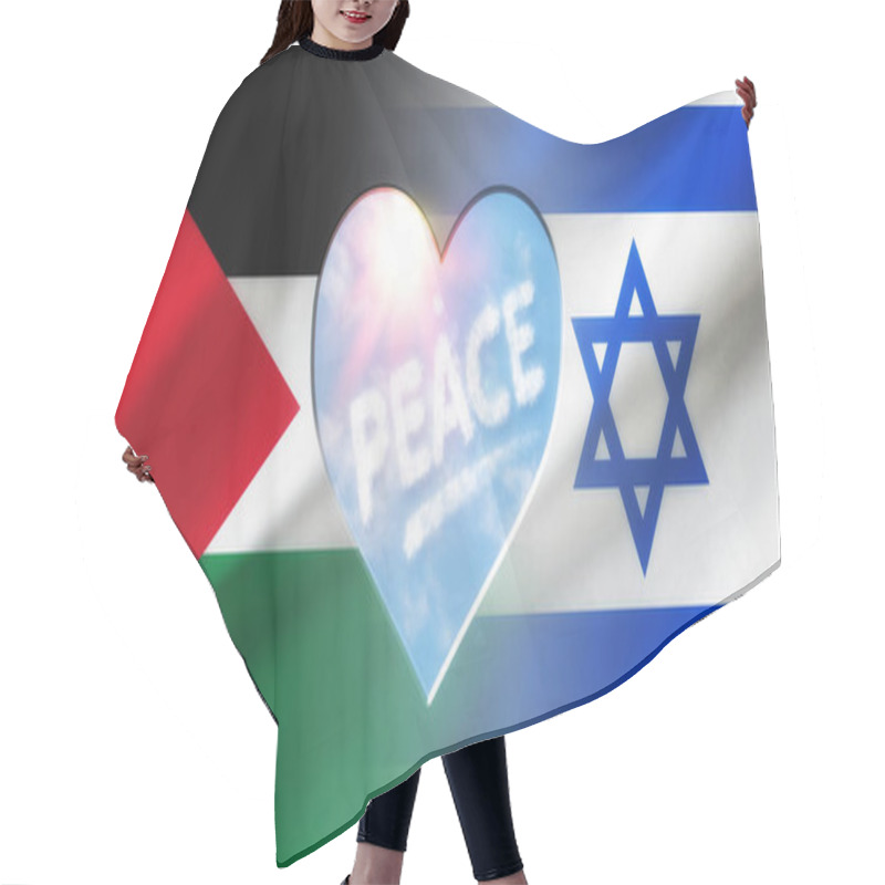 Personality  Concept Of Peace Between Palestine And Israel With Flags Of Each Country With A Heart Cut Out In The Middle With A Sky Background With Text. Hair Cutting Cape