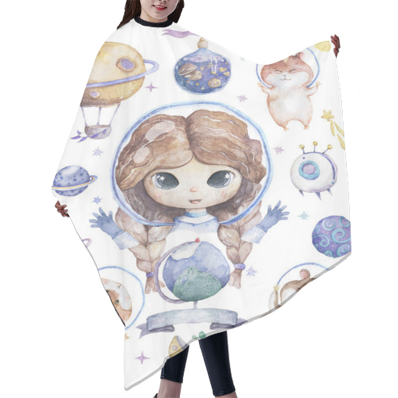 Personality  Cute Smiling Girl Brown Hair Flowers In Head Take Blue Planet In Hands Set Of Satellites, Planet And Funny Hamster Watercolor Set With Space Objects Isolated On White Cartoon Illustration For Children Hair Cutting Cape