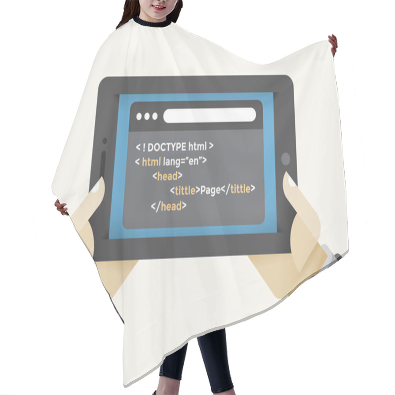 Personality  Human Hands Holding Internet Tablet With Html Programming Source Code Screen. Concepts: Freelance, Application Development, JavaScript, PHP, C++, Python, HTML, Swift, Go, Kotlin, TypeScript Languages Hair Cutting Cape