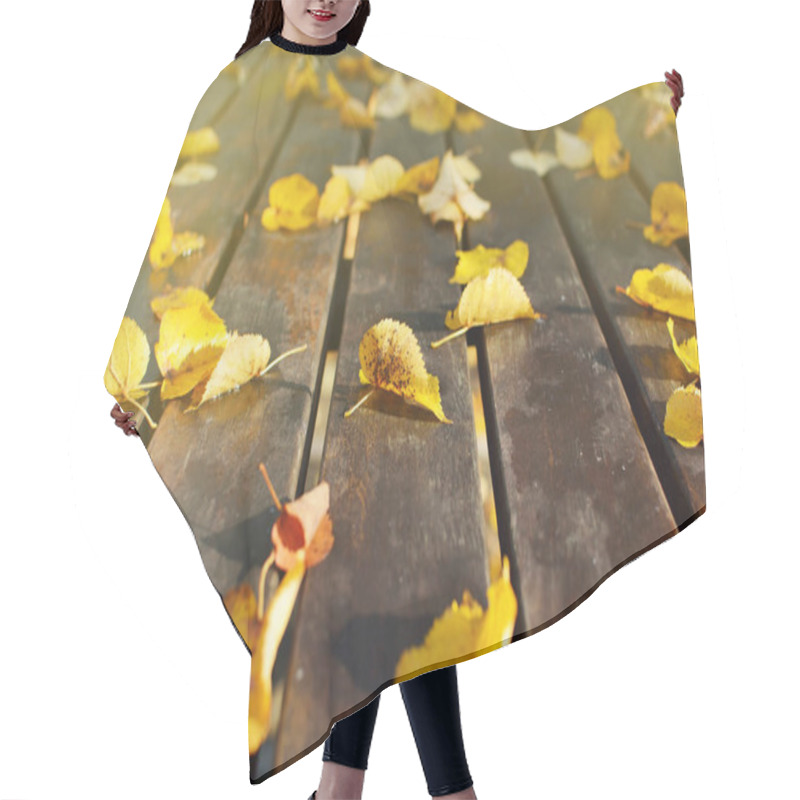 Personality  Fallen Autumn Leaves On A Wooden Bench In The Park In The Autumn Season Hair Cutting Cape