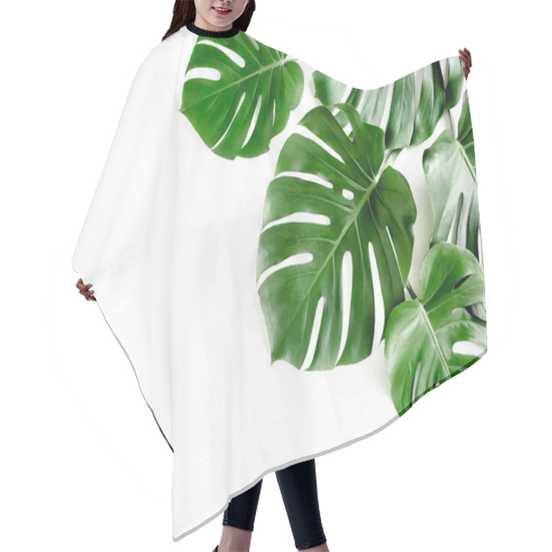 Personality  Tropical Palm Leaves Monstera On White Background. Flat Lay, Top View. Hair Cutting Cape