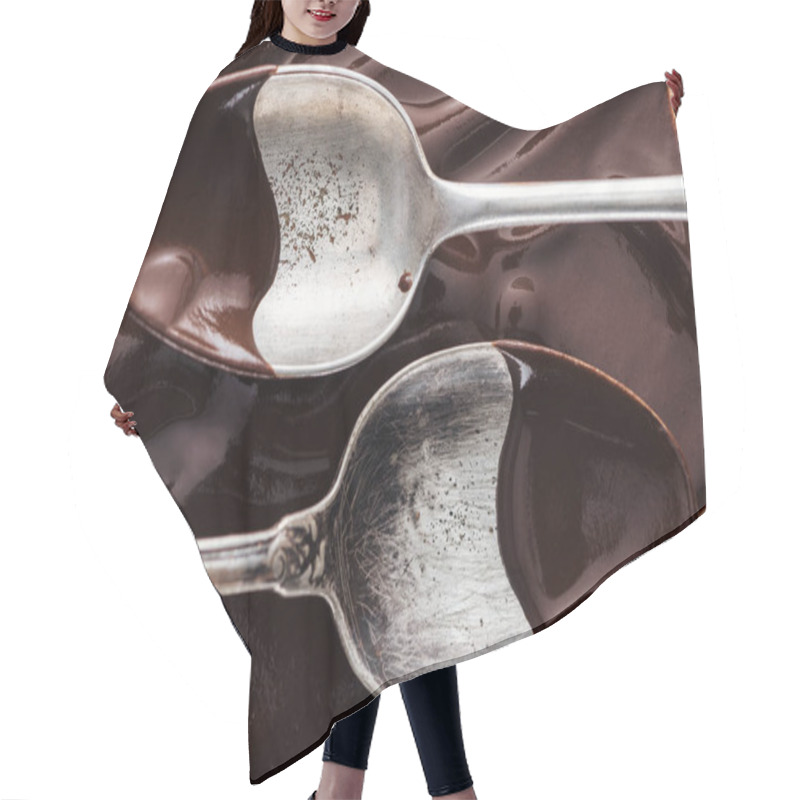 Personality  Close Up View Of Spoons Covered Of Chocolate On Melted Chocolate Background Hair Cutting Cape