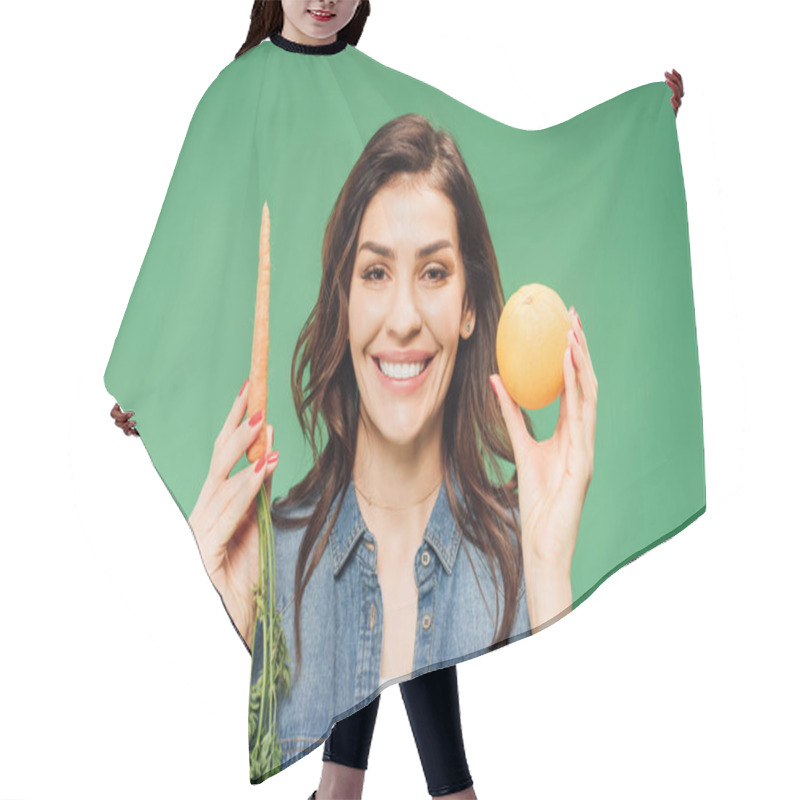 Personality  Smiling Woman In Denim Holding Orange And Carrot Isolated On Green Hair Cutting Cape