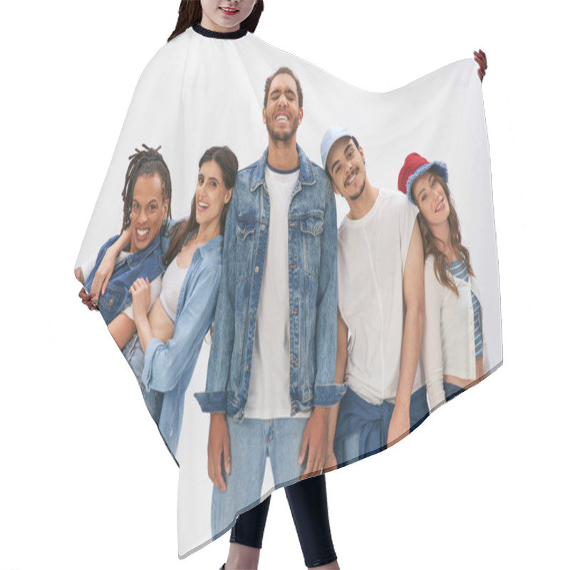 Personality  Cheerful Multiethnic Friends Posing Near African American Man Standing With Closed Eyes On Grey Hair Cutting Cape