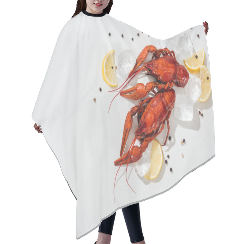 Personality  Top View Of Red Lobsters, Peppers, Lemon Slices And Ice Cubes On White Background Hair Cutting Cape