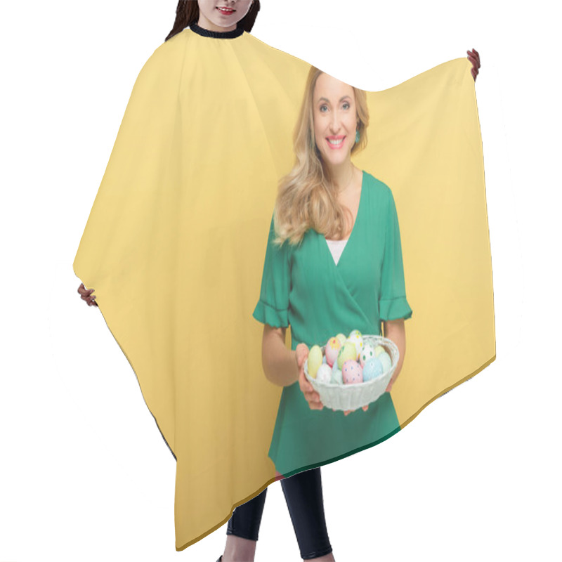 Personality  Cheerful Woman Holding Easter Eggs In Basket Isolated On Yellow  Hair Cutting Cape