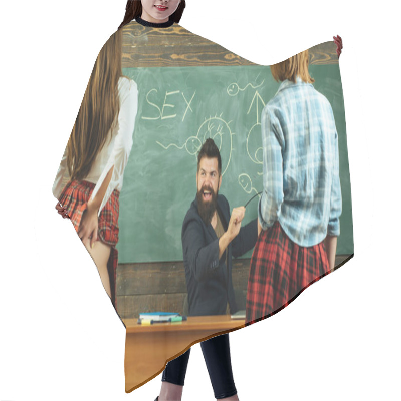 Personality  Symbols On Chalkboard. Lesson And Sex Education In High School. Sexology Teacher Looks At Two Sexy Female Students. Erotic Education. Hair Cutting Cape