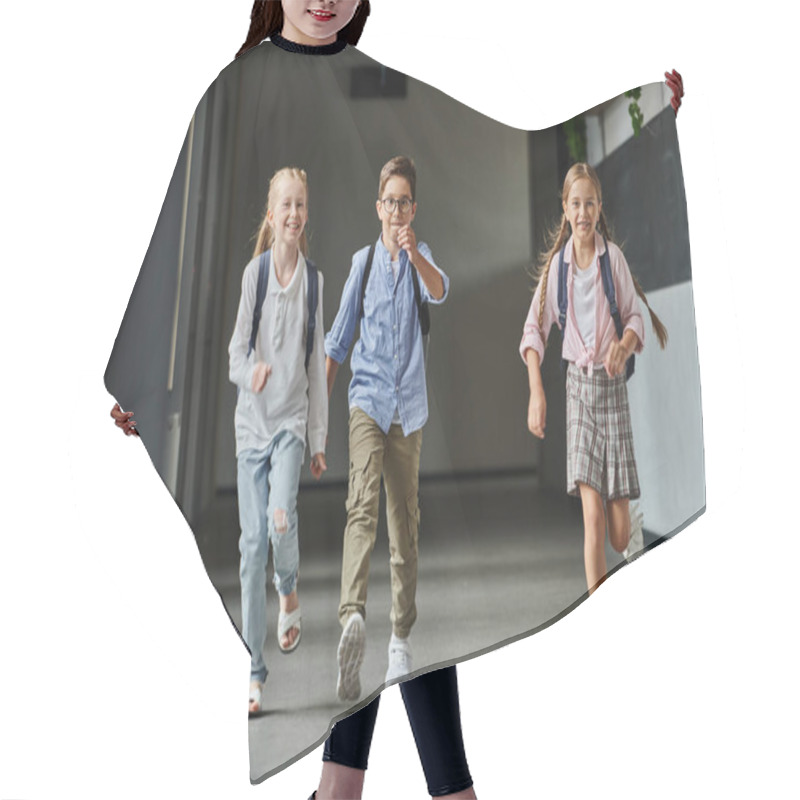 Personality  Group Of Young Children Joyfully Walking Down A Bright Hallway Hair Cutting Cape