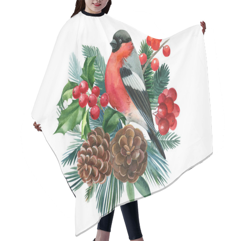 Personality  Watercolor Christmas Composition. Bird Bullfinch On Isolated White Background, Festive Design Hair Cutting Cape