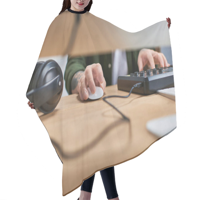 Personality  A Close-up Of A Handsome Asian Man Using A Midi Controller In A Studio. Hair Cutting Cape