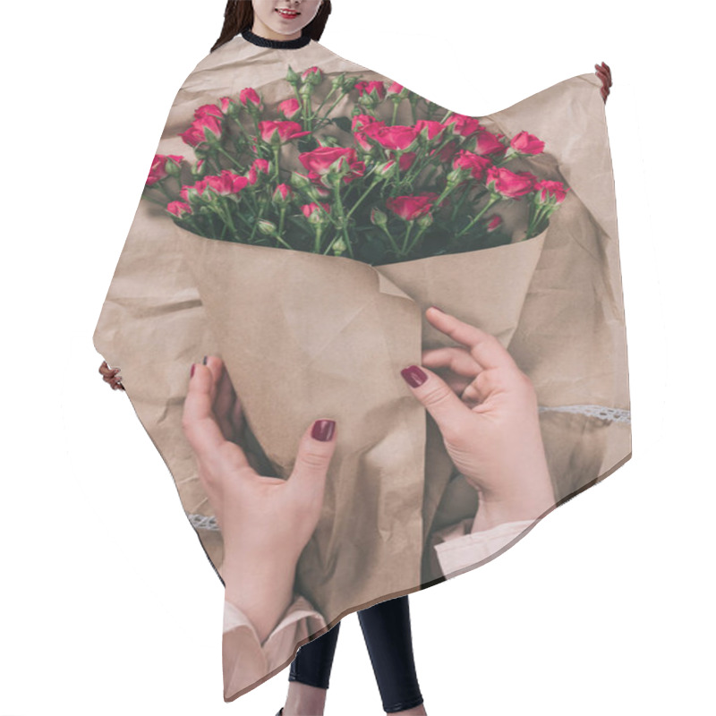 Personality  Partial View Of Female Hands And Bouquet Of Roses In Craft Paper Hair Cutting Cape