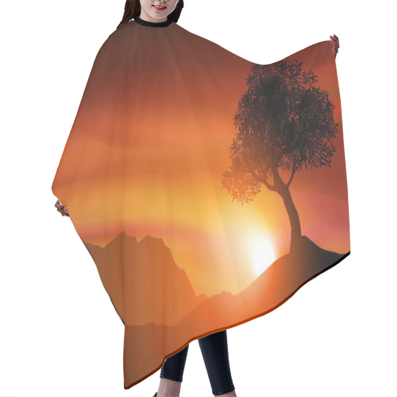 Personality  Orange Sunset Vector Landscape With Tree Silhouette And Misty Mountains Hair Cutting Cape