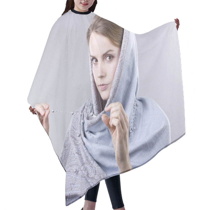 Personality  Lovely Young Blonde In A Pale Blue Scarf On Her Head On Gray Background Hair Cutting Cape