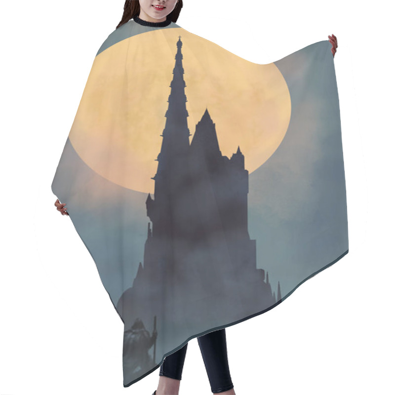 Personality  Silhouette Of A Castle With High Spiers At Night Against The Background Of The Moon, A Traveler In A Cloak And With A Staff In His Hand Comes To It. Digital Art Style, Illustration Painting Hair Cutting Cape