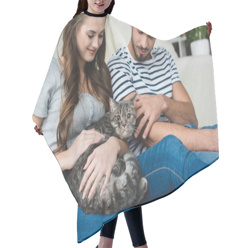 Personality  Beautiful Young Couple Petting Cat At Home While Sitting On Floor Hair Cutting Cape