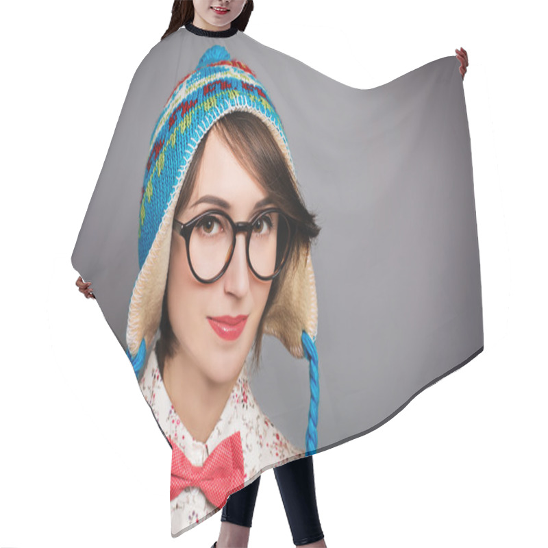 Personality  Portrait Of Hipster Girl In Funny Winter Hat Hair Cutting Cape